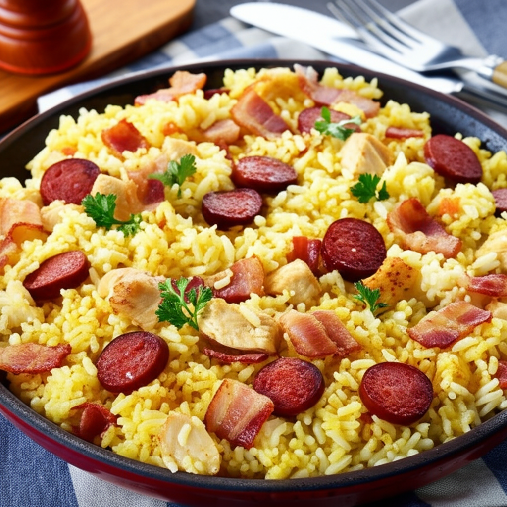 Arroz Delicioso com Bacon, Calabresa e Frango: Rápido e Irresistível!