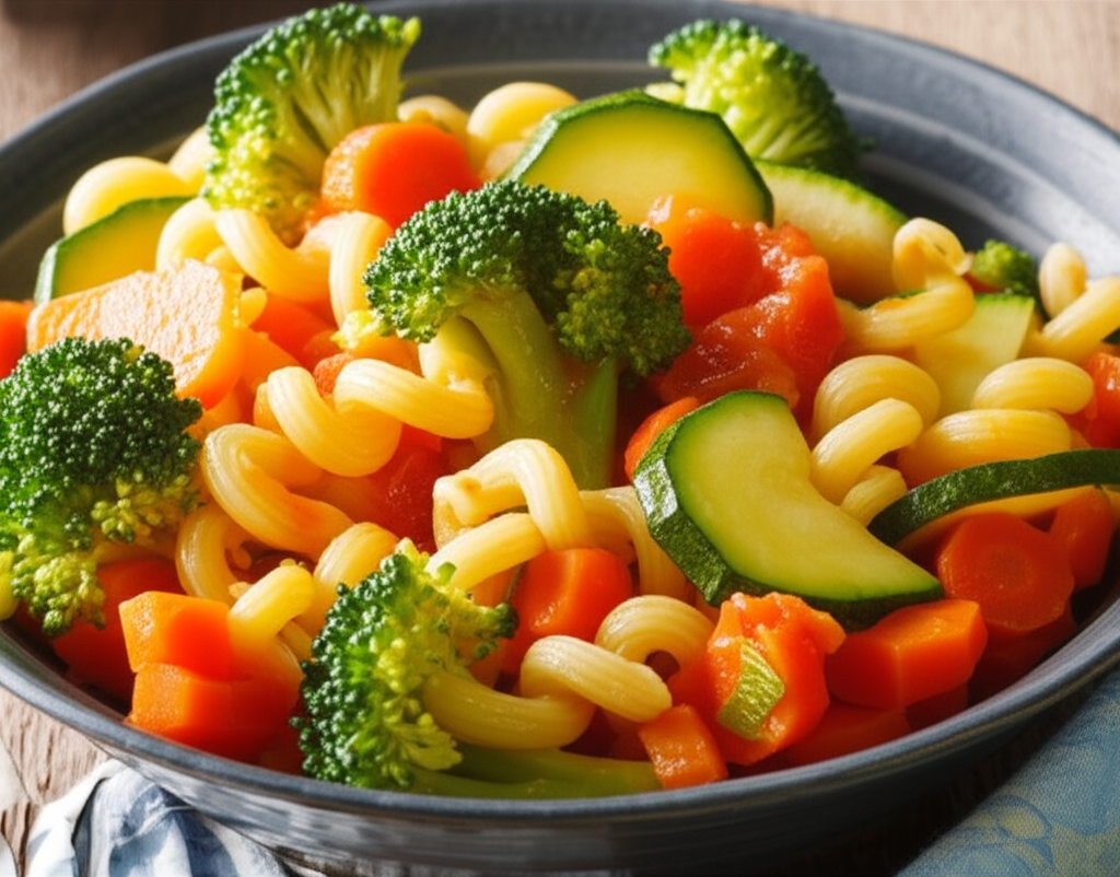 Macarrão Colorido com Legumes Frescos e Molho Delicioso