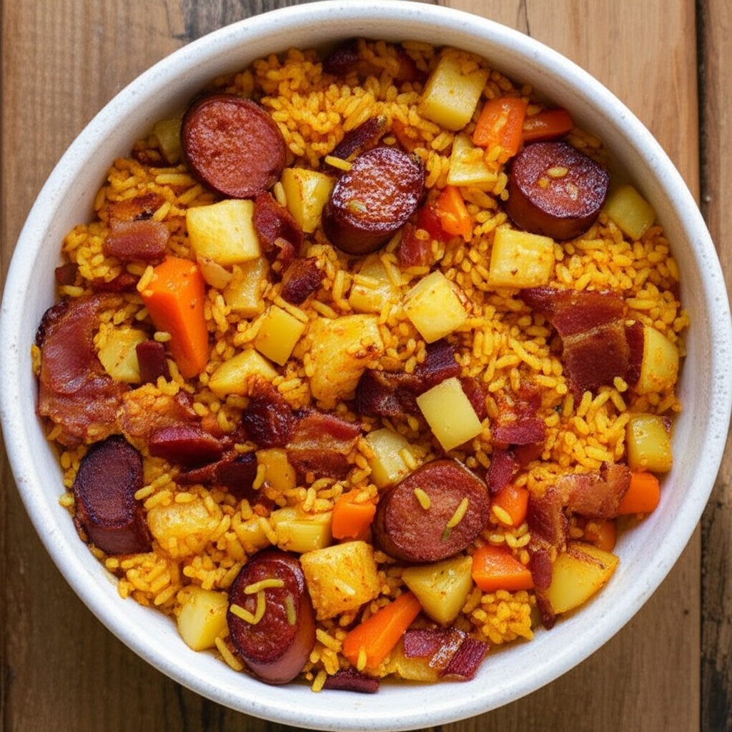 Receita Rápida e Deliciosa de Arroz com Bacon, Calabresa e Legumes Caseiro