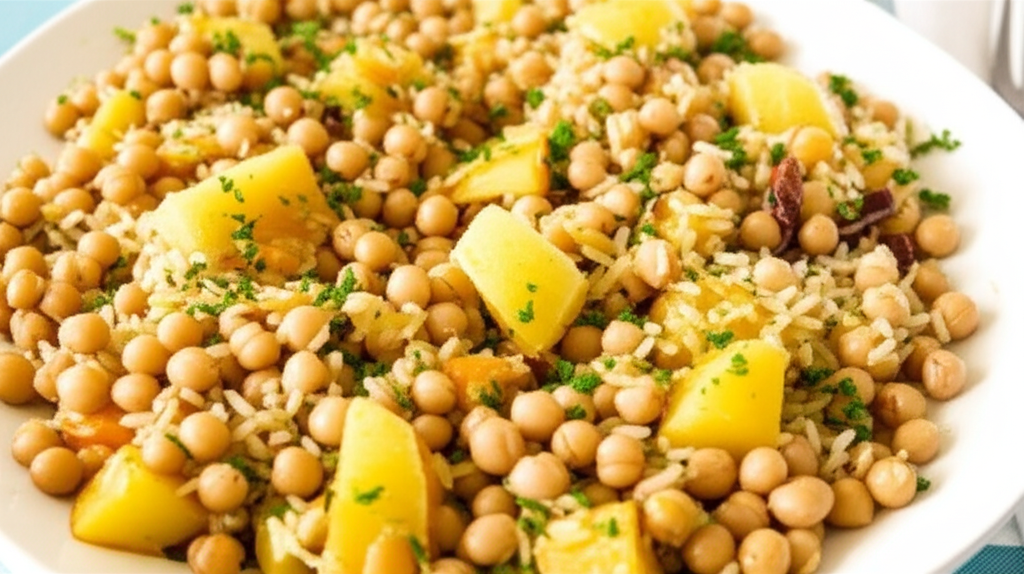 Receita Deliciosa de Arroz, Feijão, Grão de Bico e Batata Caseiro