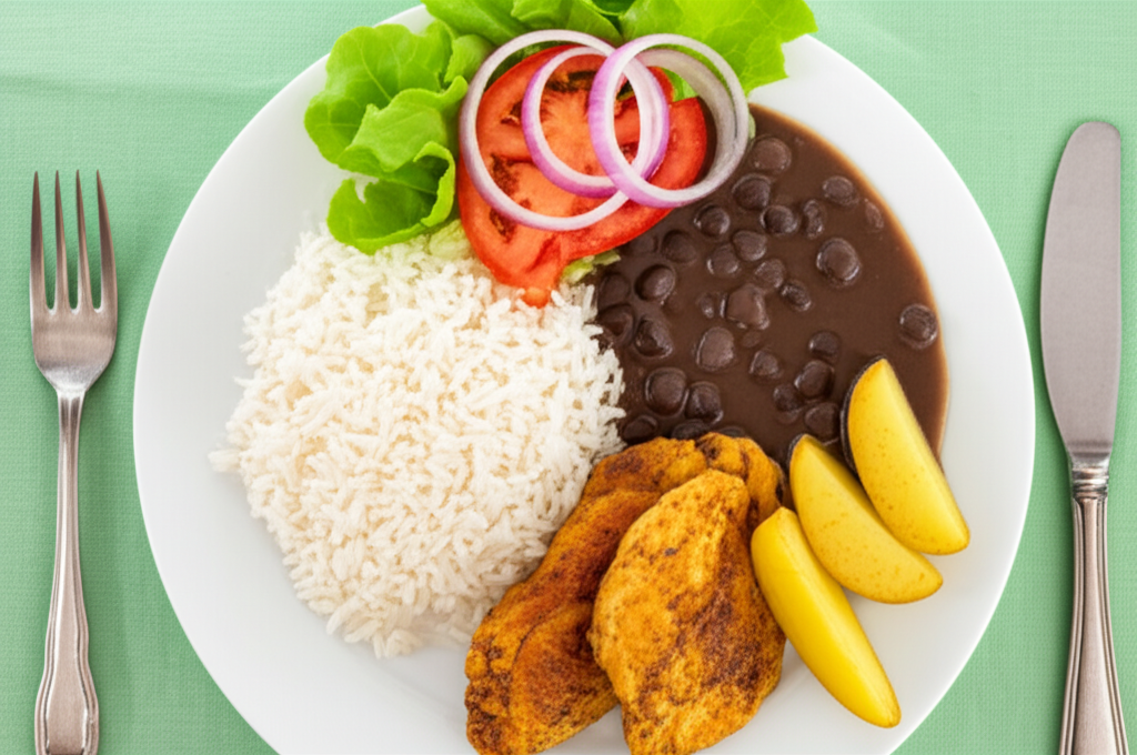 Receita Caseira: Arroz, Feijão, Frango Delicioso com Batata e Salada