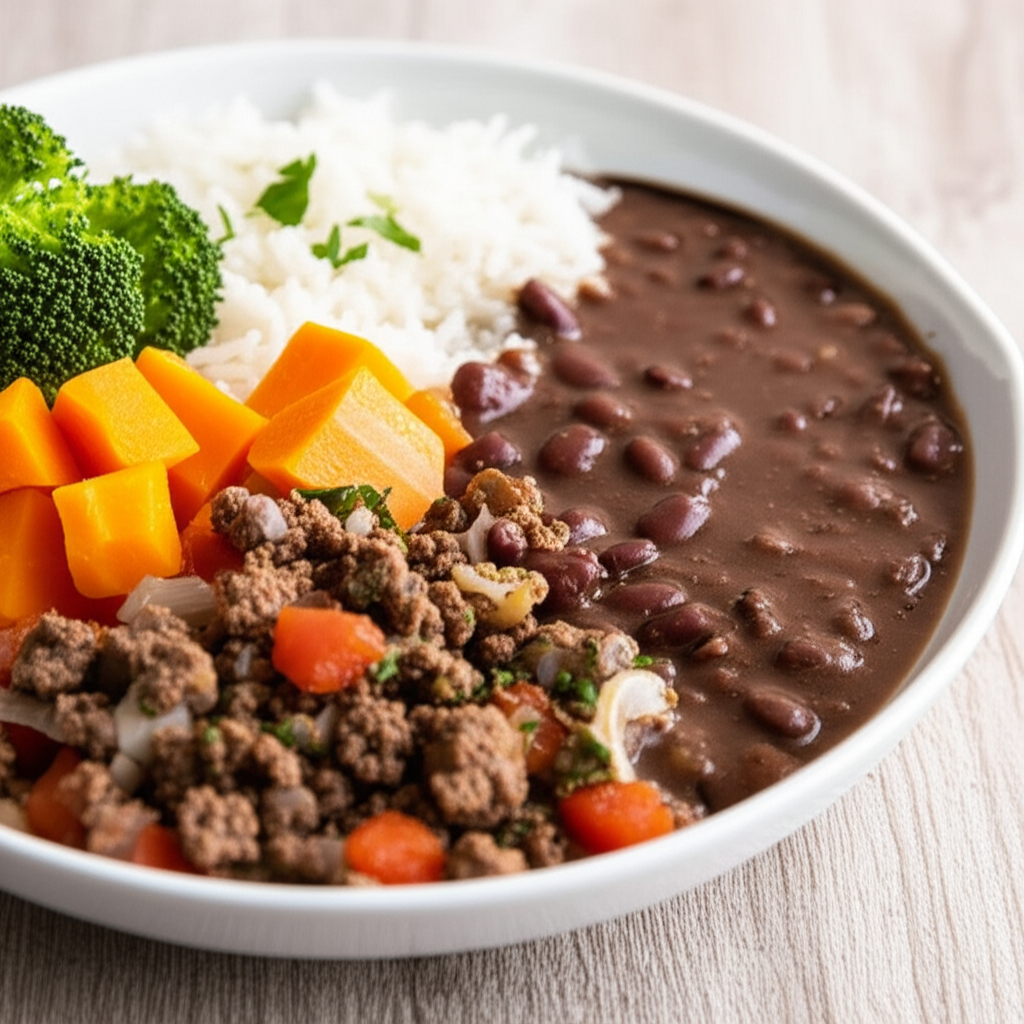 Receita Caseira de Carne Moída com Arroz, Feijão e Legumes