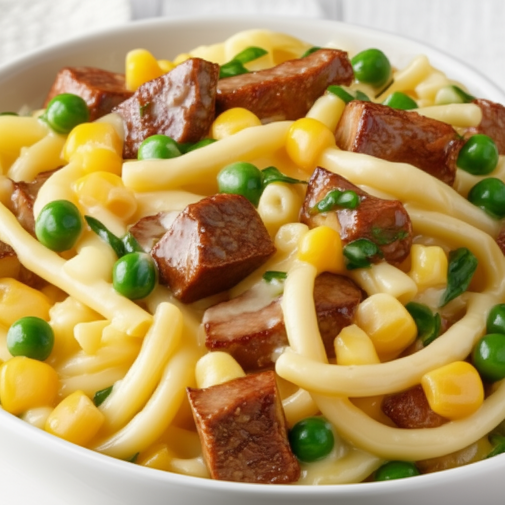 Receita Caseira de Macarrão Cremoso com Carne, Milho e Ervilha