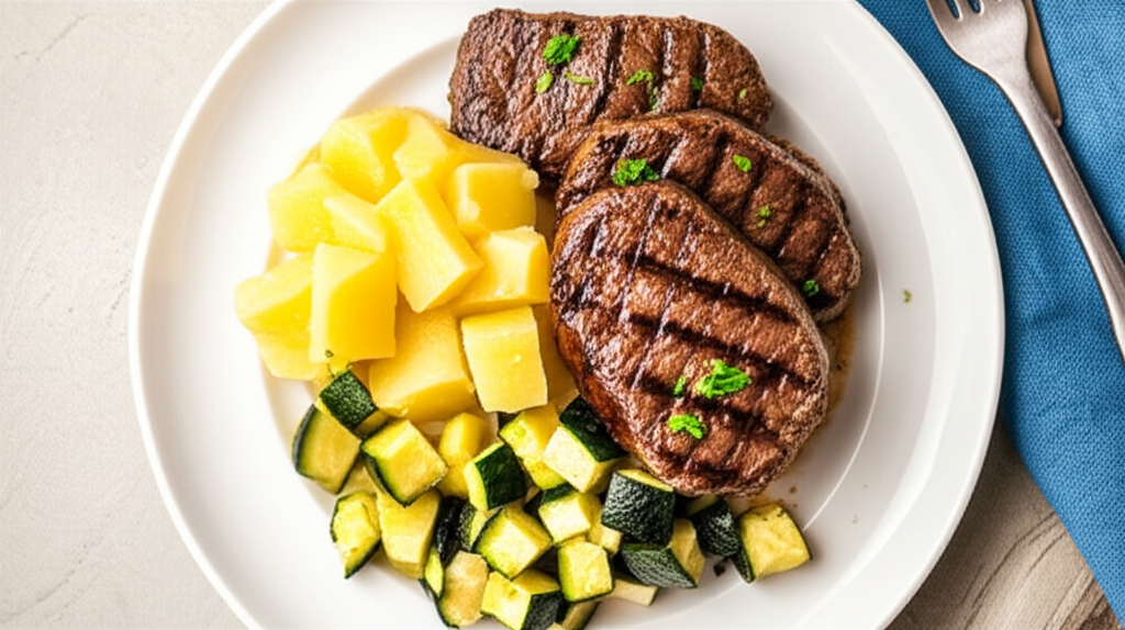 Receita Fácil e Rápida: Bife com Mandioca Cremosa e Legumes Salteados