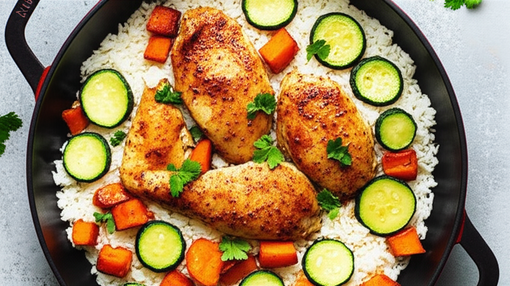 Receita Fácil de Frango com Arroz, Batata Doce e Abobrinha Caseiro